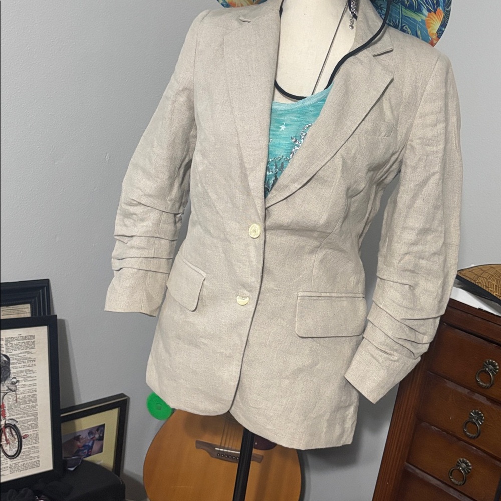 MICHAEL KORS Beige Linen Shirred Sleeve 1 Button Boyfriend Blazer Jacket Size 4